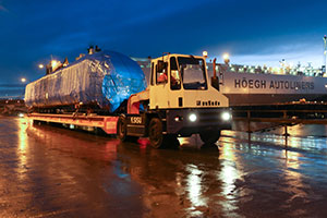 Hitachi Rail Europe’s training carriage arrives at the Port of Tyne in North East England.